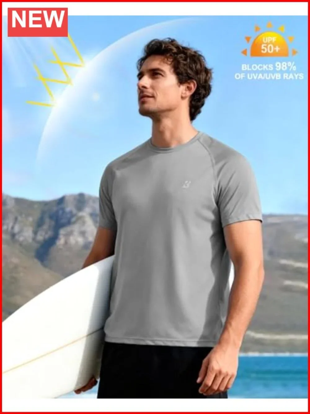 Men's UPF 50+ Rash Guard Short Sleeve Sun Protection Swim Shirt Quick-Dry